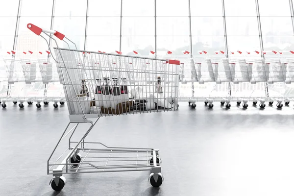 Carrello Del Supermercato Con Prodotti Modello Sopra Fila Lunga Dei — Foto Stock