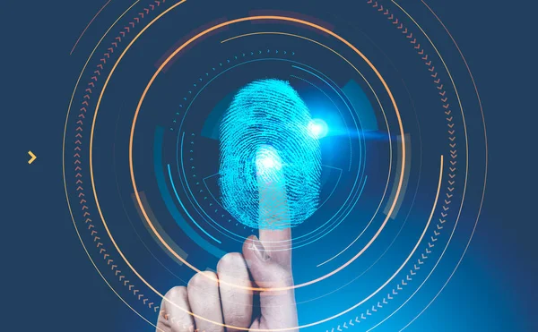 Man Finger Touching Glowing Dactylogram Interface Hud Blue Background Authentication — Stock Photo, Image