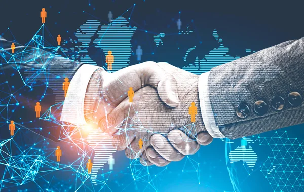 Two Businessmen Shaking Hands World Map Network Holgoram Foreground Global — Stock Photo, Image