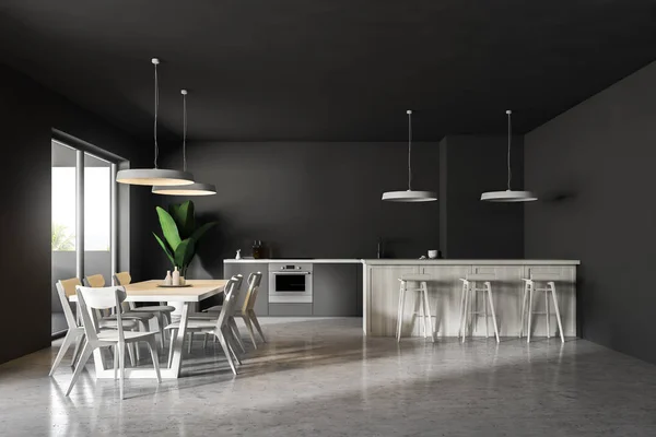 Interior Moderna Sala Jantar Cozinha Com Paredes Cinza Piso Concreto — Fotografia de Stock