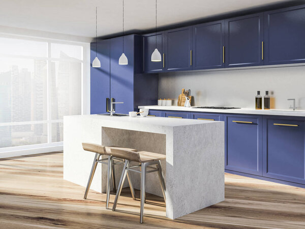 Panoramic kitchen interior with white walls, wooden floor, purple countertops and cupboards and a stone island with stools. 3d rendering copy space