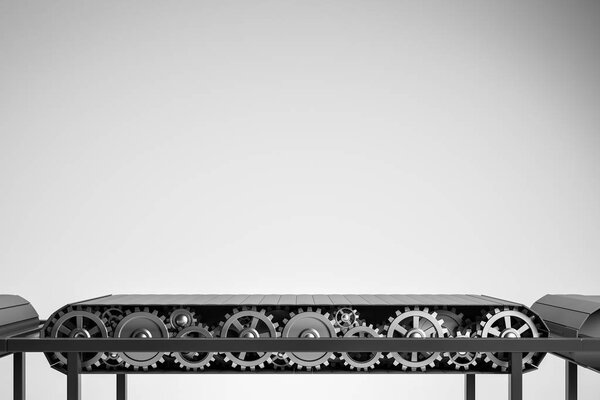 Empty conveyor belt over gray background. Concept of mass production, delivery and consumerism. 3d rendering copy space