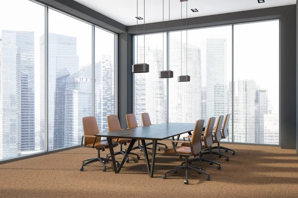 Moderní Kancelářské Konferenční Místnost Roh Panoramatickými Okny Hnědý Koberec Dlouhý — Stock fotografie