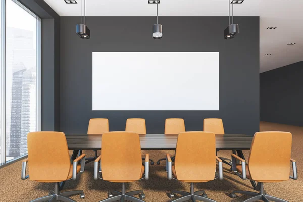 近代的なオフィス会議室コーナーでパノラマの窓 茶色のカーペット 革張りのアームチェアと長い木製のテーブル コンサルティングとボードのコンセプトです レンダリング水平コピー スペース バナー — ストック写真