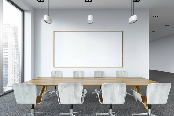 Modern office conference room corner with panoramic windows, a carpet and a long wooden table with armchairs. Consulting and board concept. 3d rendering horizontal copy space banner