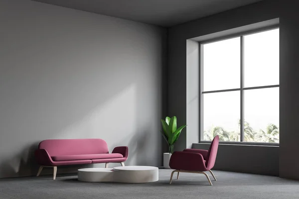 Modern office waiting room interior with gray walls, a carpet on the floor, big window and pink armchair and couch near a round coffee table. 3d rendering mock up