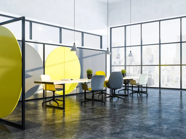 Geometric Wall Pattern Boardroom Interior Perspective Concrete Floor Narrow Panoramic — Stock Photo, Image