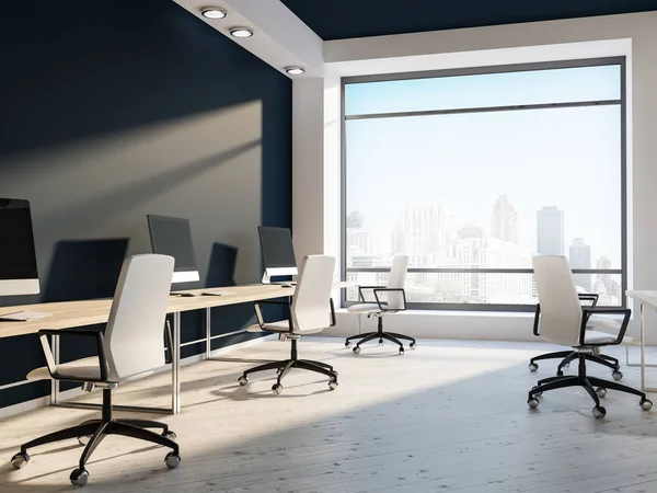 Open space office or computer lab interior with white walls, black and white ceiling, loft windows and rows of computer tables with white chairs near them. Flower beds 3d rendering mock up