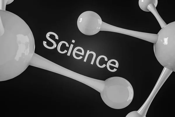 Glossy White Glass Material Word Science Molecule Model Black Backdrop — Stock Photo, Image