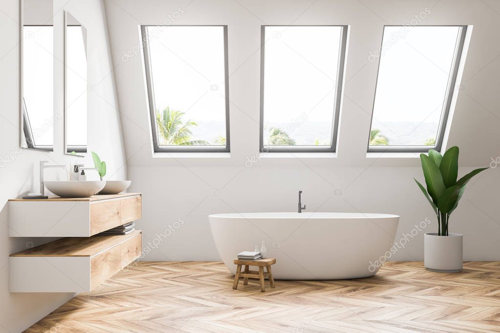 Luxury attic bathroom interior in minimalism mansion with a wooden floor, white walls, a double sink and a large bathtub. Relaxation and self care concept. Side view. 3d rendering mock up