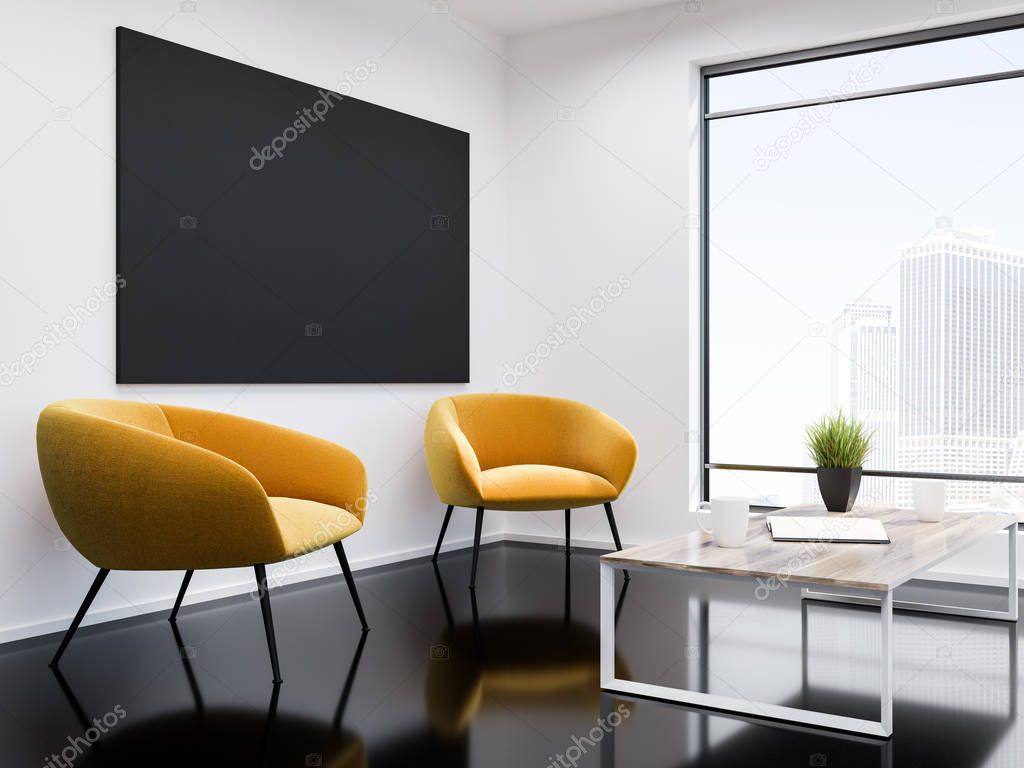 White wall office waiting room interior with a black glass like floor, two yellow armchairs and a coffee table. Loft window with modern cityscape and a tv set. 3d rendering mock up
