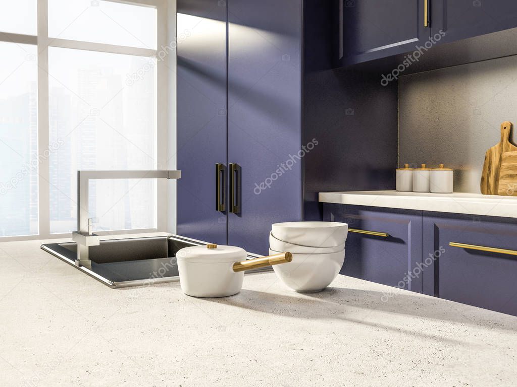 White cooking pots and bowls on a stone kitchen island. Purple cupboards and countertops and a large window with a cityscape. 3d rendering copy space