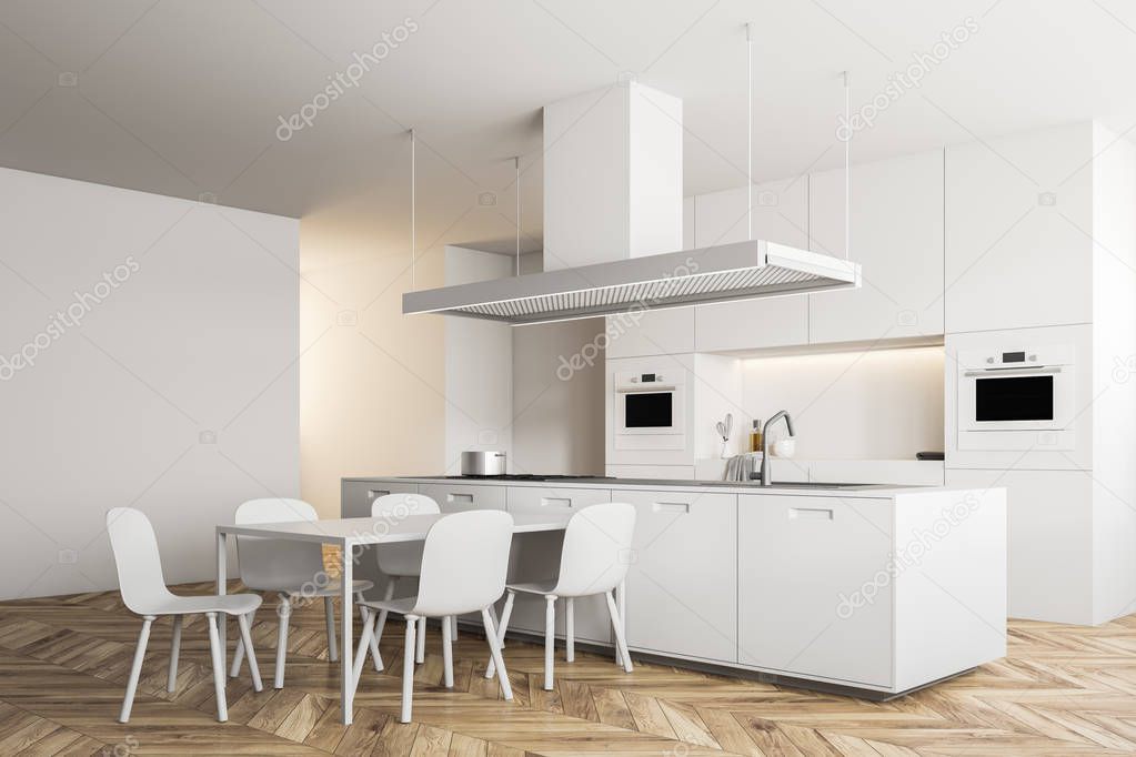 Modern kitchen inteiror with white walls, wooden floor, white island and countertops and a dining room table with chairs. 3d rendering mock up