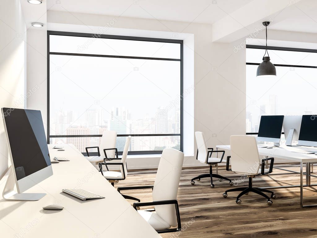 Open space office interior with white walls, wooden floor, loft windows with a city view and rows of computer tables with white chairs near them. Flower beds 3d rendering mock up