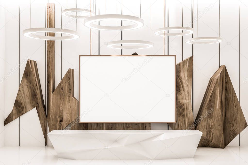 Futuristic office interior with wooden abstract pattern walls, a white floor, angular reception and round ufo like ceiling lamps. Mock up poster Interior design ideas concept. 3d rendering