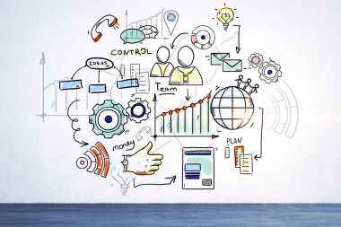 Renkli yönetim ve liderlik beton duvara çizilen iş ikonları/simgeleri. Yetenekli lider kavramı. Görüntü kopyalama alanı tonda