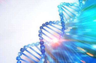 Çapraz dna sarmalının beyaz ve soyut mavi arka plan üzerinde mavi. Biyoteknoloji, biyoloji, tıp ve bilim kavramı. 3D render sahte tonlu görüntü