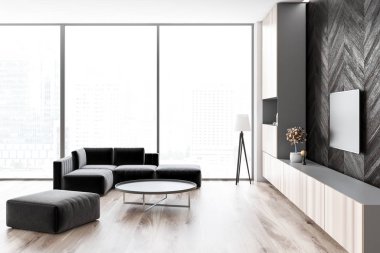 Çatı katında salon ahşap zemin ve siyah ahşap duvarlar, bir kanepe ve bir yuvarlak sehpa ile birlikte yan görünüm. Düz ekran Tv ayarlayın. 3D render alay