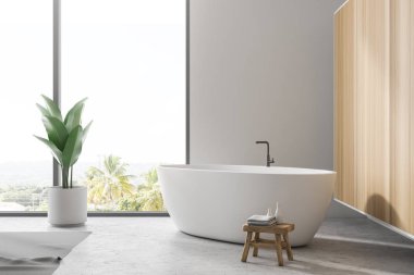 Şık beyaz banyo iç beton zemin, gri halı, tropikal görünüm, ahşap duvar, büyük küvet ve Saksı bitki ile pencere. 3D render kopya alanı