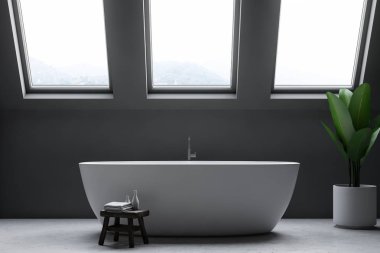 Lüks resort spa veya villa banyo iç ile gri duvarlar, beton zemin, büyük beyaz küvet ve saksılı bir bitki. Gevşeme ve öz bakım kavramı. 3D render alay