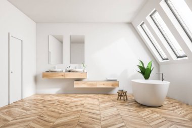 Lüks tavan minimalizm tarzı itibariyle bir ahşap zemin, beyaz duvarları, çift lavabo ve büyük bir küvet ile banyo iç. Gevşeme ve öz bakım kavramı. 3D render alay