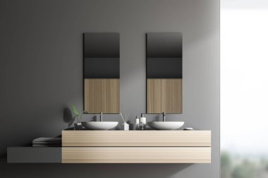 İki dikey aynalar ile ahşap bir tezgah ve katlanmış havlu ile bir raf çift lavabo. Ağaçlar pencere. Gri duvarlar. Lüks Otel veya konak kavramı. 3D render kopya alanı