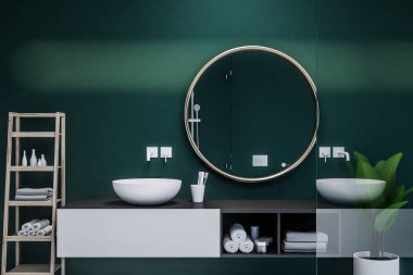 Modern banyo yuvarlak bir ayna ve bir raf solda ile ahşap bir tezgah üzerinde duran bir yuvarlak lavabo ile koyu yeşil duvarları, iç. 3D render kopya alanı