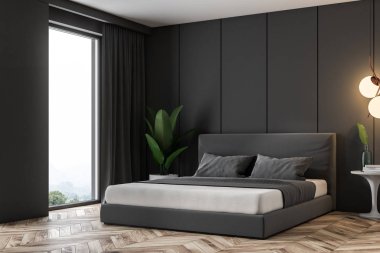 Gri panel duvarlar, ahşap zemin ve gri kapaklı bir çift kişilik yatak lüks çatı katı yatak odası köşesinde. 3D render kopya alanı