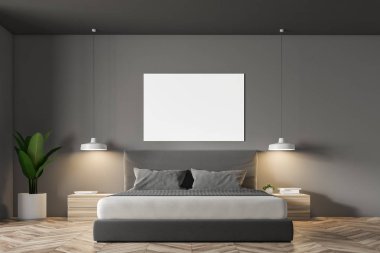 Gri duvar minimalist yatak odası iç ahşap bir zemin üzerinde duran masterbed ve gece standları. 3D render yatay poster kadar sahte
