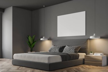 Gri duvar minimalist yatak köşe ahşap bir zemin üzerinde duran masterbed ve gece standları. 3D render yatay poster kadar sahte