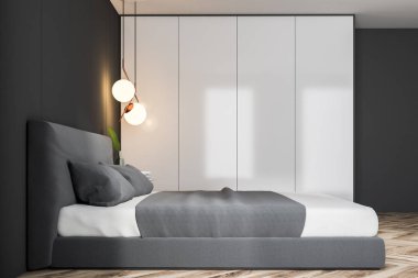 Gri ve beyaz panel duvarlar, ahşap zemin ve gri kapaklı bir çift kişilik yatak ile lüks yatak odası yan görünüm. 3D render kopya alanı