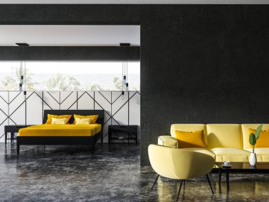 Siyah ve beyaz salon iç yumuşak sarı kanepe ve koltuklar bir sehpa ve arka planda bir yatak odası. 3D render kopya alanı