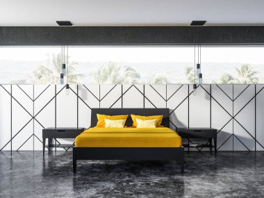 Beyaz geometrik duvar desen yatak odası iç bir beton zemin, panoramik penceresi ve sarı battaniye masterbed. 3D render kopya alanı