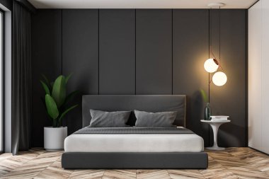 Gri panel duvarlar, ahşap zemin ve gri kapaklı bir çift kişilik yatak ile lüks yatak odası iç. 3D render kopya alanı