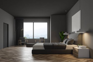 Gri duvar minimalist yatak odası iç ahşap zemin, masterbed, gecelik ve yuvarlak sehpa gri koltuklar ile. Pencere orman manzaralı. 3D render alay