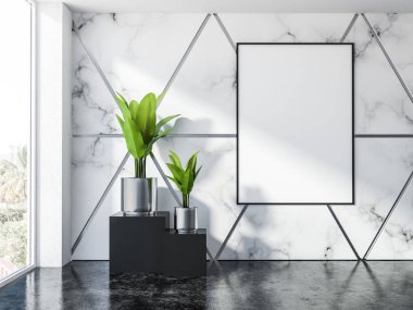 Üçgen desen beyaz mermer ve gri lobi iç bir gri zemin ve bitkiler ile gümüş kaplar. 3D render dikey sahte kadar poster çerçevesi