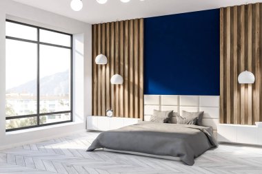 Mavi ve ahşap duvarlar, beyaz bir ahşap zemin ve bir çift kişilik yatak ile iki başucu masa ve şık tavan lambaları ile minimalist yatak odası iç. Dağ town pencere 3d render kopya alanda