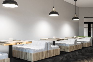 Beyaz duvarları, ahşap zemin, kare masa ve yumuşak beyaz kanepe ile rahat kafe iç. Bakış açısı. Küçük iş kavramı. 3D render kopya alanı