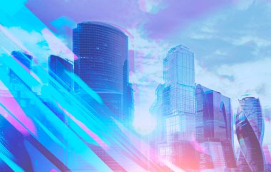 Moskova şehir panoramik manzaralı bulutlu bir günde. 3D gözlük görsel etkisi gibi. Şehir hayatı, megapolis ve iş kavramı. Tonlu görüntü pozlama sahte katlayın