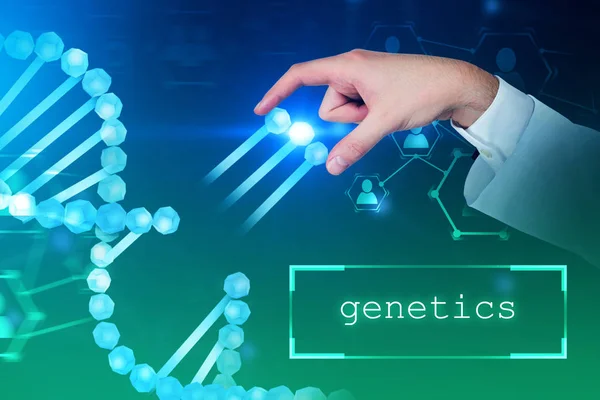 Man Hand Tar Gener Från Blå Dna Helix Över Blå — Stockfoto