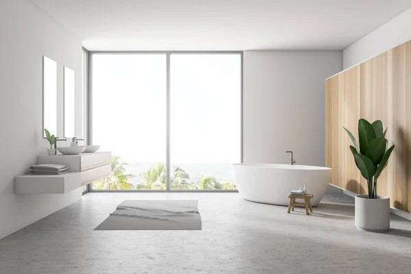 Stylish White Bathroom Interior Concrete Floor Gray Rug Window Tropical — Stock Photo, Image