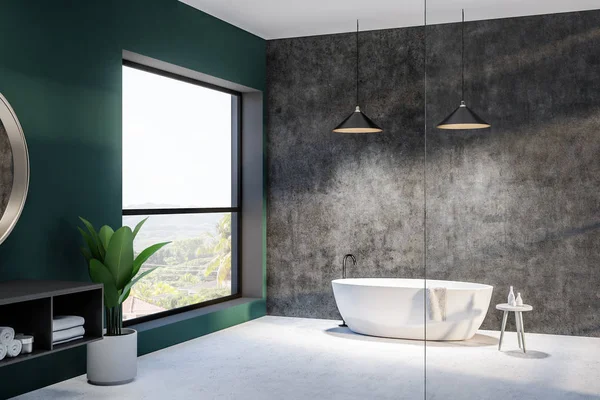 Interior Banheiro Moderno Com Paredes Esmeralda Concreto Uma Banheira Arredondada — Fotografia de Stock