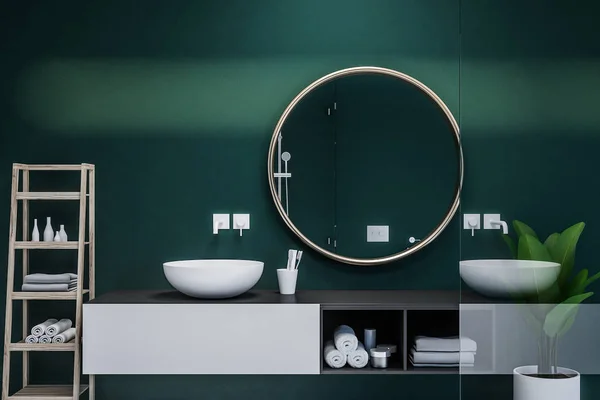 Modern Banyo Yuvarlak Bir Ayna Bir Raf Solda Ile Ahşap — Stok fotoğraf