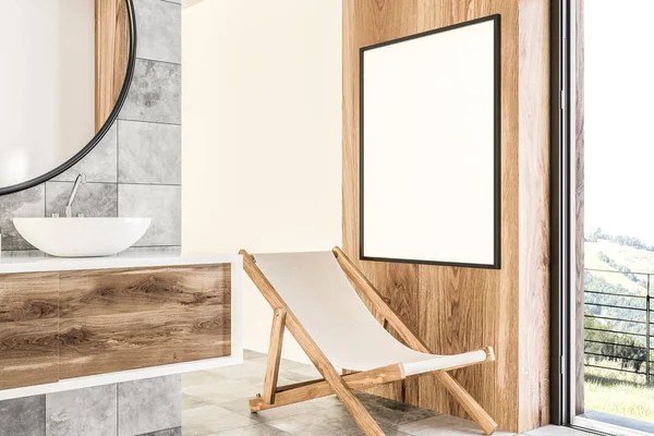 Vertical mock up banner frame hanging on wooden wall of luxury bathroom. Sink with a round mirror, a deck chair and panoramic mountain view window. Marketing and advertising concept 3d rendering