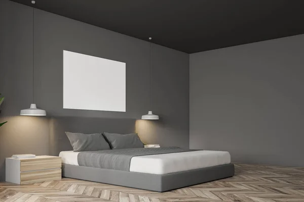 一角灰色的墙简约卧室里有一层木地板 Masterbed 站在它和夜看台上 渲染水平模拟海报 — 图库照片