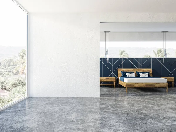 Blue geometric wall pattern bedroom interior with a concrete floor, a panoramic window and blue blanket masterbed. 3d rendering copy space white wall
