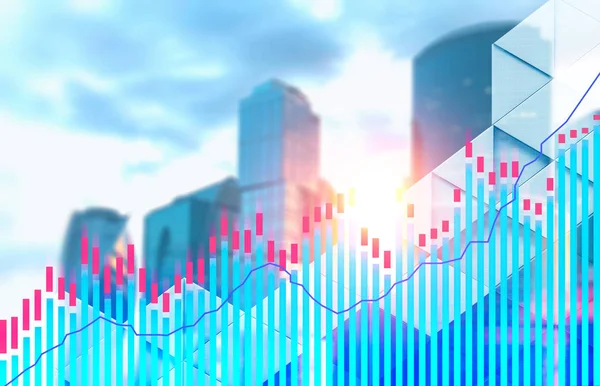 Forex style blue and red bar charts and graphs over a blurred Moscow city background. Concept of stock market. Toned image double exposure mock up