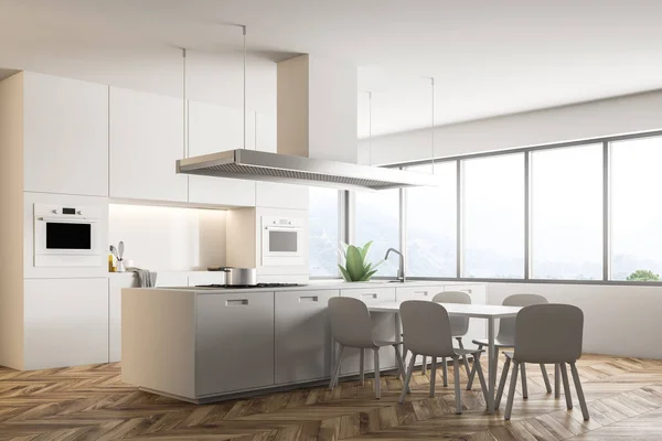 Ecke Der Modernen Küche Mit Weißen Wänden Holzboden Großen Fenstern — Stockfoto
