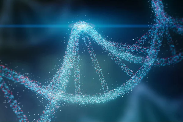 蓝色和红色粒子 Dna 螺旋在深蓝色背景下发光 遗传学 科学和医学的概念 渲染复制空间色调图像 — 图库照片