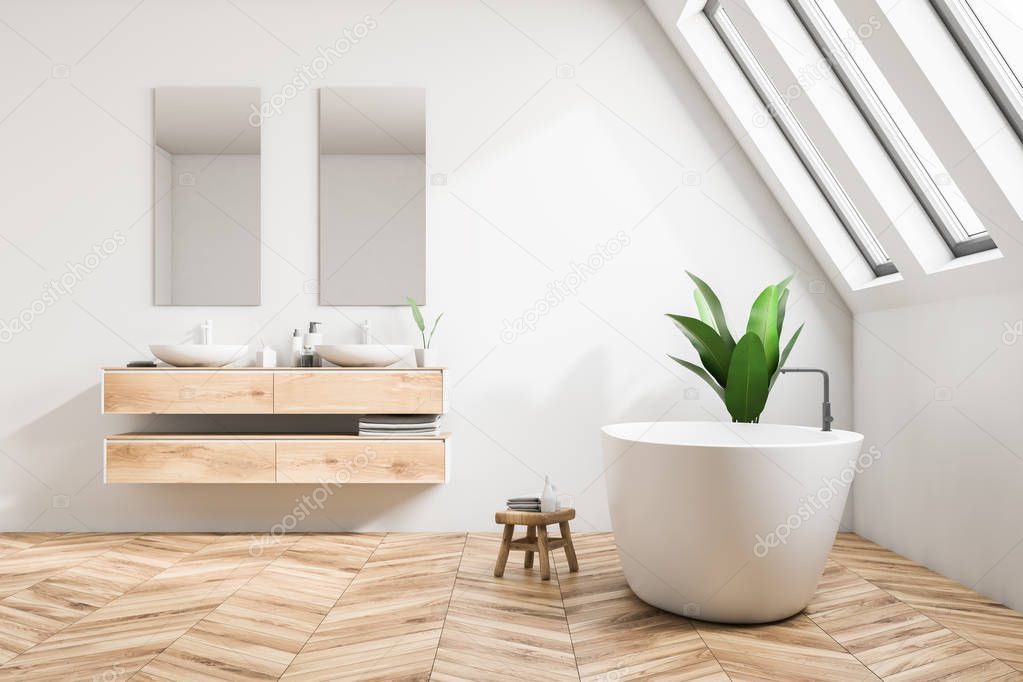 Luxury attic bathroom interior in a minimalism style mansion with a wooden floor, white walls, a double sink and a large bathtub. Relaxation and self care concept. Close up. 3d rendering mock up